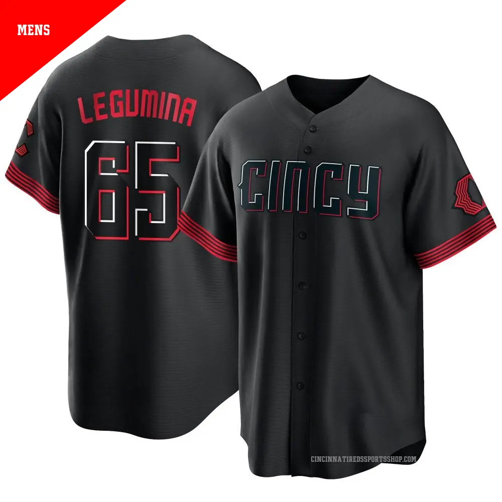 Men's ＃65 Casey Legumina Cincinnati Reds Black Replica 2023 City Connect Jersey